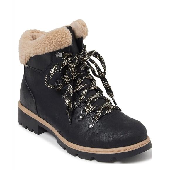Lug Bottom Boots Sherpa Trim 7 Hikers Black Tan Memory Foam - Picture 6 of 7